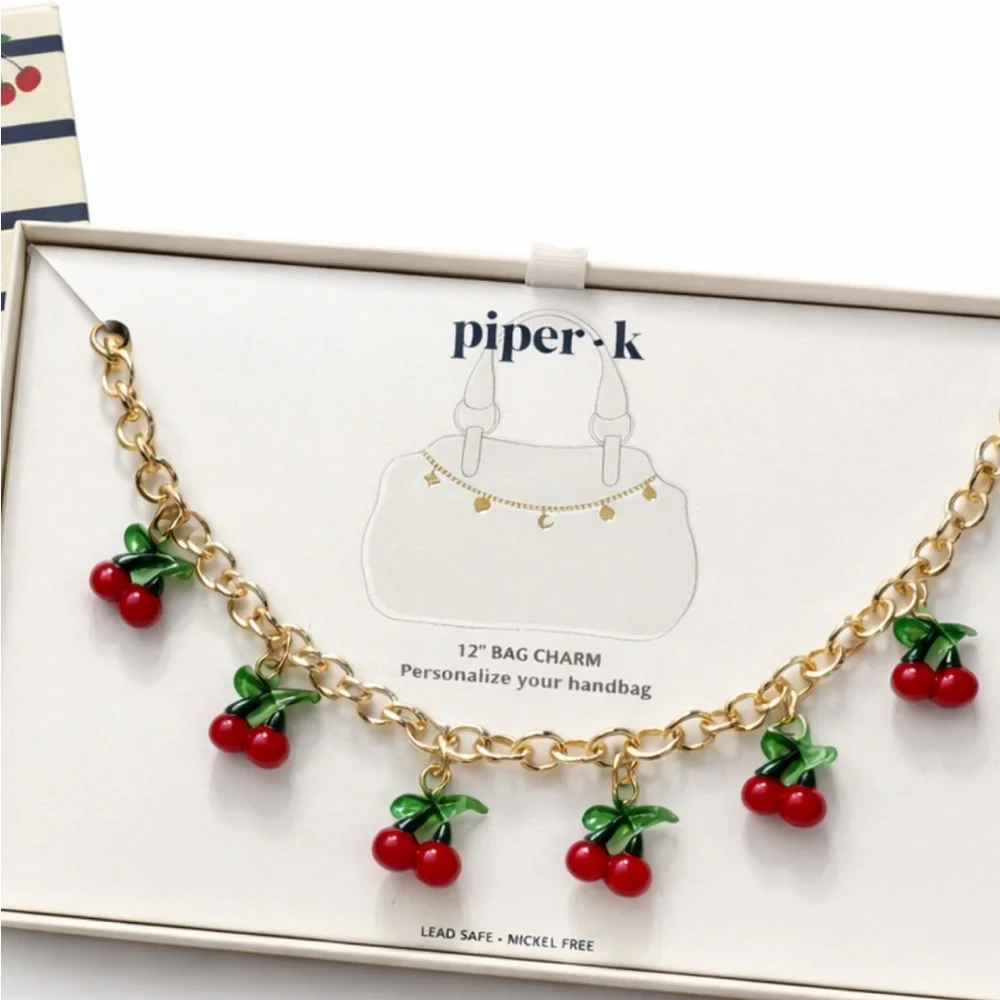 Piper-K Cherry Bag Charm Chain NIB Cute Cherry Purse Charm w/ Box